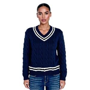 Brandy Melville Varsity Sweater Women's Medium Navy Wool Chunky Cable Knit Y2K